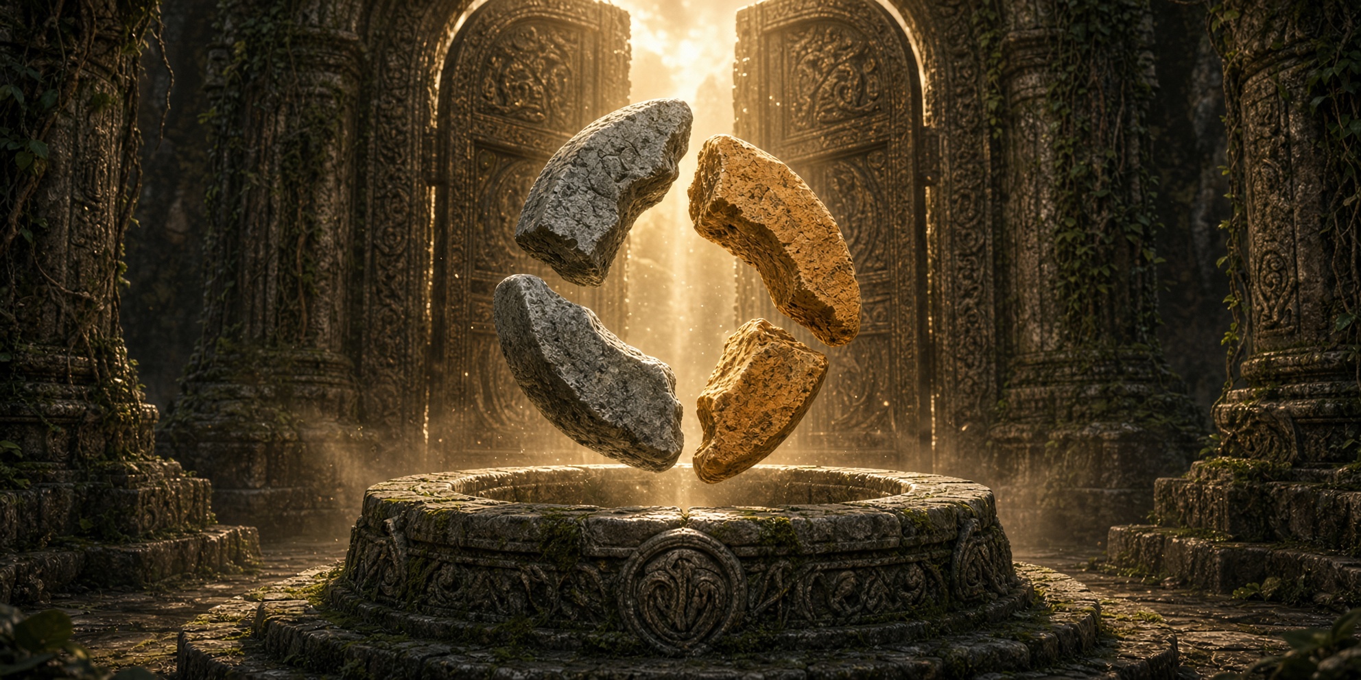 Four stone pieces of the Shadstone logo hovering before the Temple gate