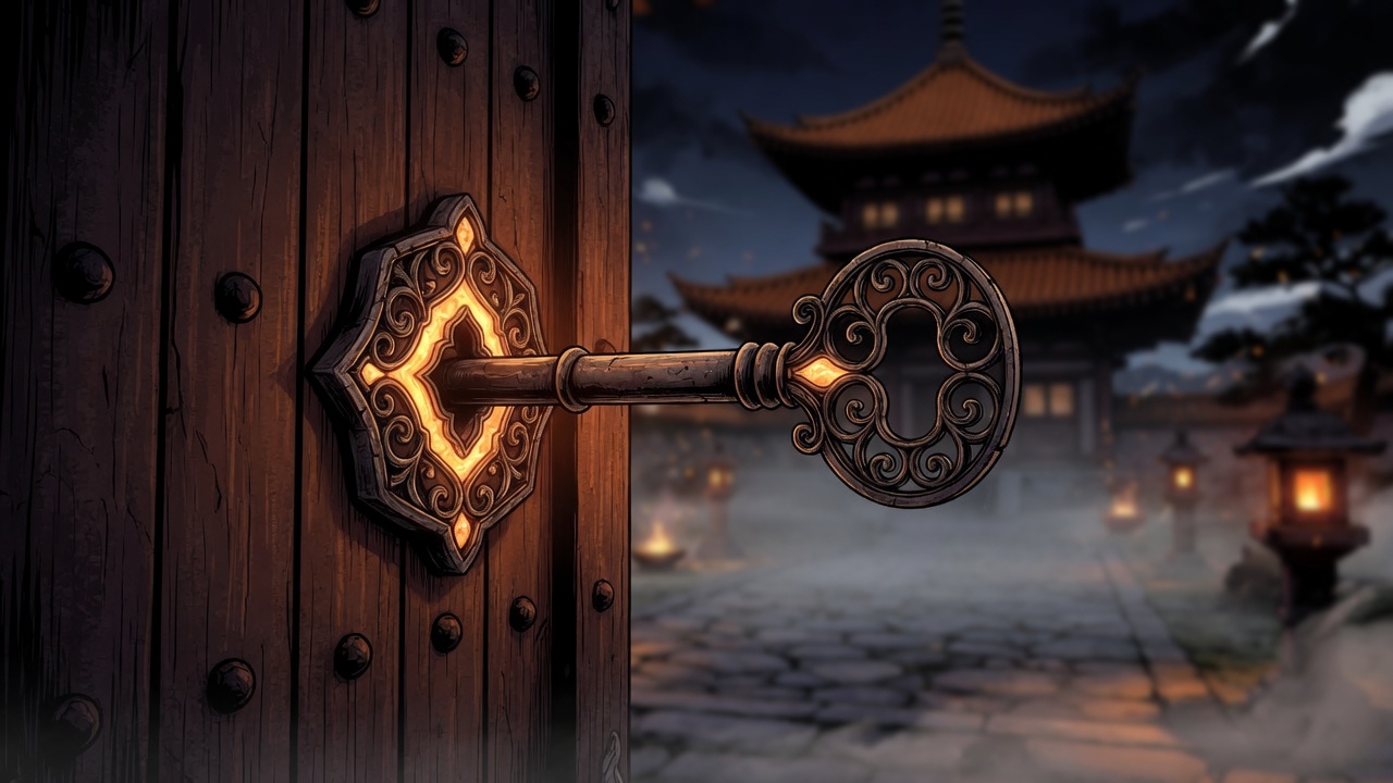 An ornate key turning in the wooden gate of the Shadstone Temple